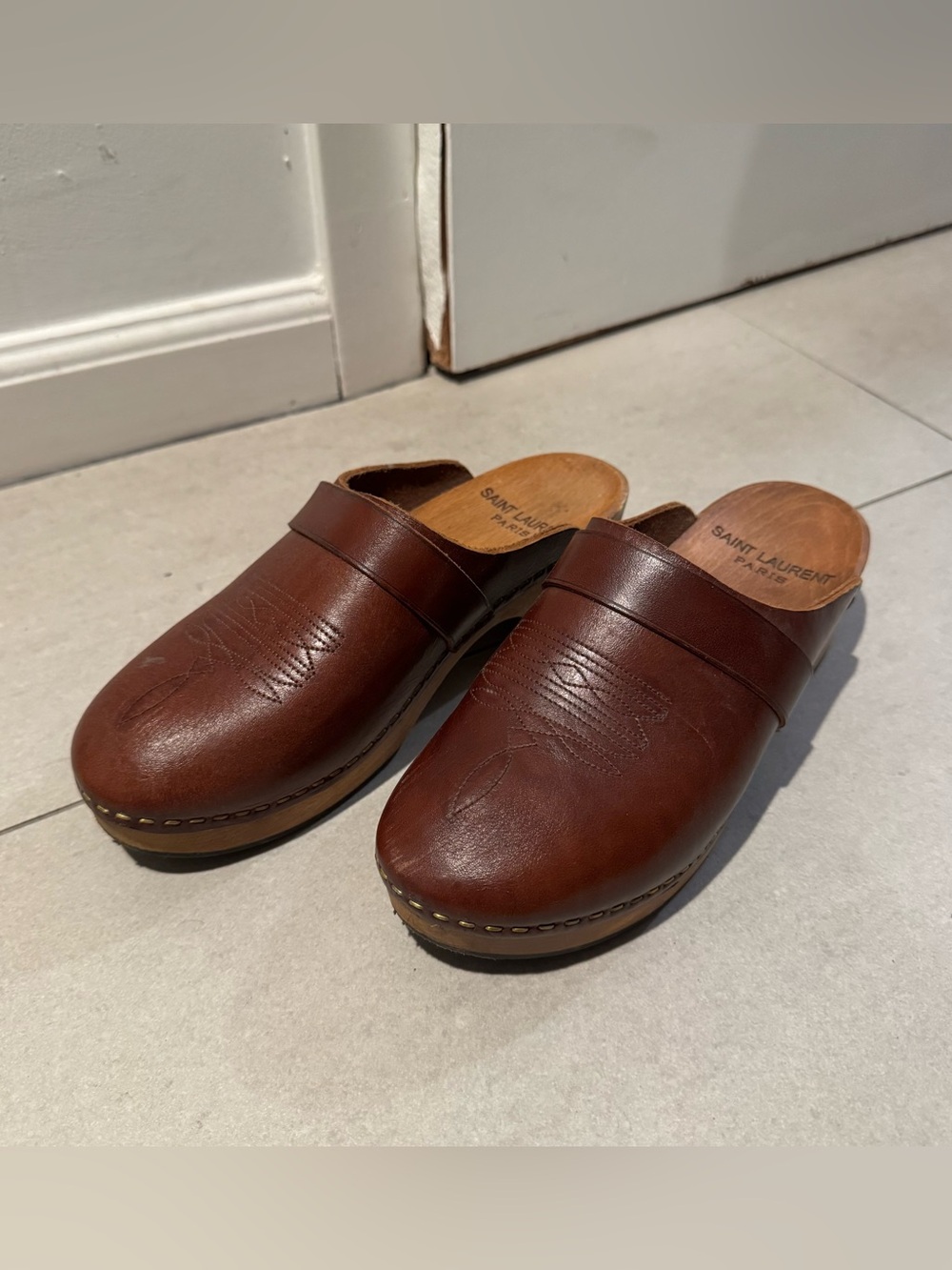 Saint Laurent Sabot Brown Leather Clogs Size 37